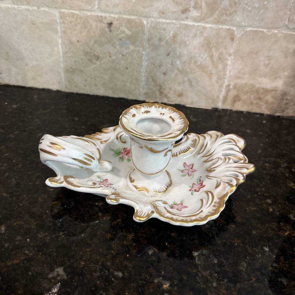 Vintage Handled Candlestick Holder Heavy Gilt Trim Reticulated China BEAUTIFUL